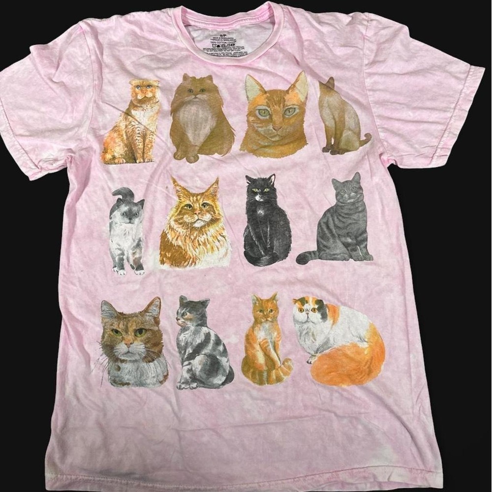 Unbranded Womens Pink Cat Graphic T-Shirt Acid Wash Short Sleeve Size S